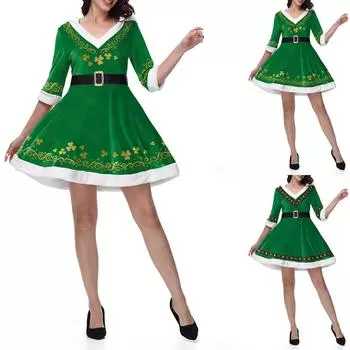 Ирландская одежда женское платье с капюшоном V-образный вырез зеленый бархат St. Юбка ко Дню Святого Патрика S зелёный