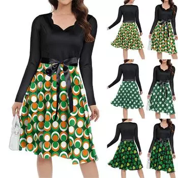 Ирландское женское платье St.. Юбка зеленого цвета со шнуровкой и длинными рукавами PatrickDigital Printing L