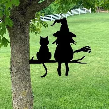 Iron Silhouette Cute Witch And Cat Garden Stake On The Branch Yard Art Decor, Tree Stump Plug-in, For Garden Lawn Courtyard