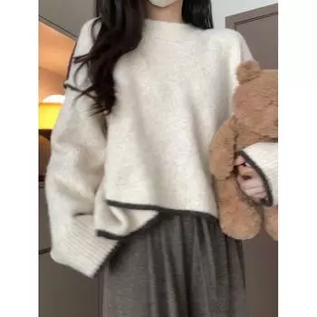 Irregular Design Contrast Color Sweater Women New Autumn and Winter Loose Idle Style Soft Glutinous High-Grade Pullover Knit Apricot XL