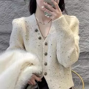 Irregular ink dot design long-sleeved knitted cardigan women s autumn and winter new fashion V-neck top tide one size fits all