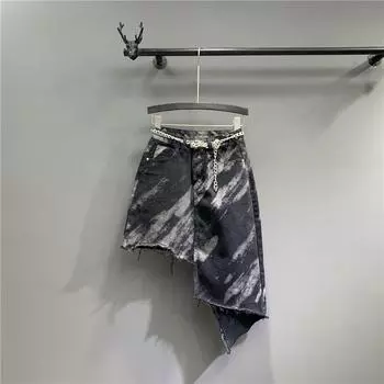 Irregular Tie-Dye Mid Length Long Length Ins Denim Skirt Black S