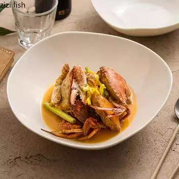 Irregular White Ceramic Deep Plate Creative Thick Soup Plate Salad Plate Italian Noodle Plates Dessert Plates Hotel Tableware