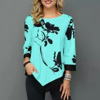 Irregular Women Floral Blouse Tee Ladies Long Sleeve Casual Loose Tshirt S5xl L