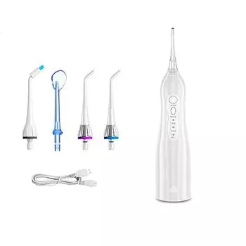 Ирригатор для полости рта, Водный флоссер, Портативный водный душ для зубов, Резервуар для воды 300 мл, Зубная щетка, USB-зарядка, Водонепроницаемый, Белый