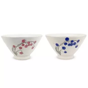 Isaozan Kiln Pair Tea Bowl 11cm Hasami Ware Made in Japan Lily of the Valley J-kitchens (Red Blue)