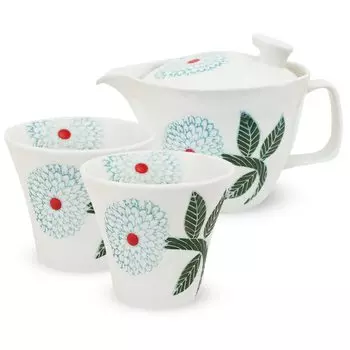 Isaozan Kiln Teapot Set L Hasami Ware Made in Japan Pair Tea Cup Tea Utensil 385ml 180ml For 2 to 3 People Comes with Tea Strainer Dahlia Premium