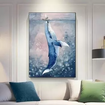 Исцеляющий большой кит поцелуи маленький корабль холст картины плакаты и принты настенная художественная картина для детской комнаты, настенный домашний декор 21x30 No Frame