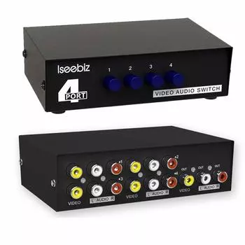 Iseebiz AV Switcher Switcher Требуется блок питания Двунаправленный 4 входа 1 вход 4 выхода Металлический корпус Защита Аудио/Видео Механический/Нет выхода/1