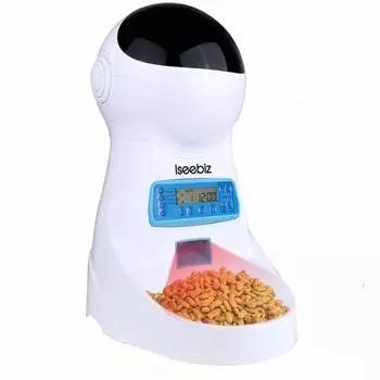 Iseebiz Автоматическая кормушка для кошек и собак, таймер на 10 секунд, автоматическая кормушка, автоматическая кормушка с крышкой для шнура, 2-канальный источник питания, 3,5 л белый