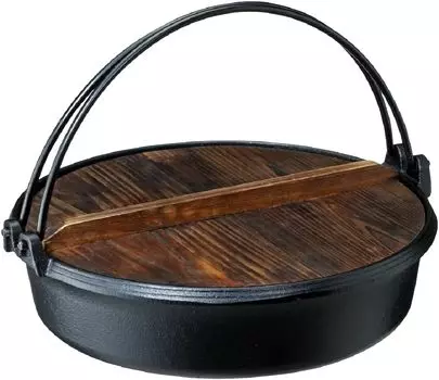 Ishigaki Sukiyaki Pot with Wooden Gas Cast Approximately Width 29 x Depth x Height Black Lid, Fire, IH, Iron, 27.5 8.5 cm, чёрный