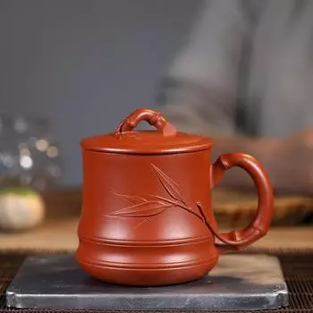 Исинская фиолетовая чашка с песком, большая чайная чашка ручной работы, офисная чашка, бытовая ярко-красная бамбуковая чашка с крышкой из листьев бамбука, 300 мл 1pcs 200-400ml