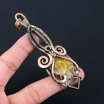 Ископаемый аммонитовый драгоценный камень, чистая медная проволока, обернутая подвеской ручной работы, ювелирное изделие для нее 3.43 Inches жёлтый