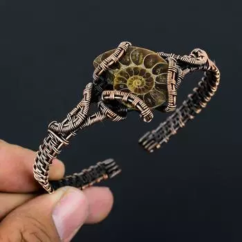 Ископаемый аммонитовый драгоценный камень, медная проволока ручной работы, ювелирные изделия, регулируемые манжеты для женщин Adjustable зелёный