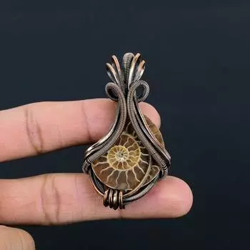 Ископаемый аммонитовый драгоценный камень ручной работы из чистой медной проволоки, подвеска для ювелирных изделий на День Благодарения 2.56 Inches коричневый