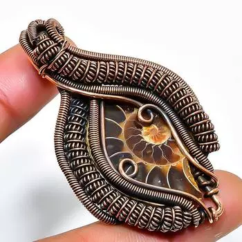 Ископаемый драгоценный камень аммонит, подвеска ручной работы из медной проволоки, 2,17 дюйма 2.17 коричневый