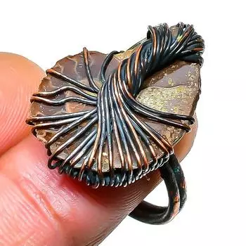 Ископаемый драгоценный камень аммонит, ювелирное кольцо ручной работы из медной проволоки, размер 7,5