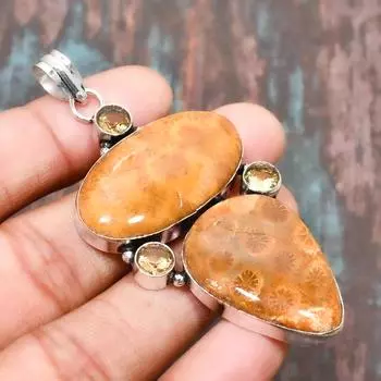 Ископаемый коралловый драгоценный камень ручной работы, твердый кулон из стерлингового серебра 925 пробы, ювелирные изделия на День Благодарения 2.76 Inches жёлтый