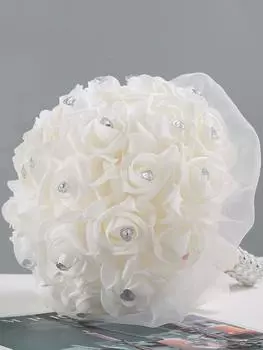 Искусственная атласная лента Роза Белый букет для невесты Подружки невесты с ромбовидными мягкими лентами Свадебные цветы в руках для украшения свадебной вечеринки белый