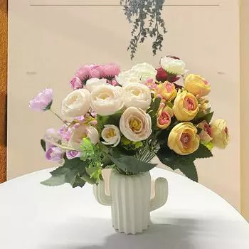 Искусственная чайная роза с 6 вилками в деревенском стиле с маленькой ручкой, чайная роза, цветочная композиция для торгового центра отеля, украшение стола из искусственных цветов