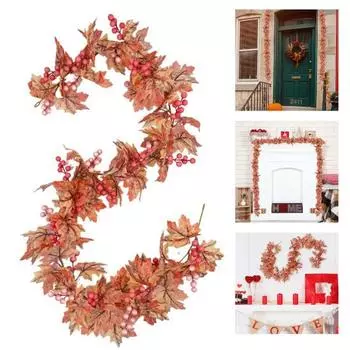 Искусственная гирлянда из кленовых листьев 5,7 футов, многоразовая гирлянда из осенних листьев с искусственными ягодами для использования в помещении и на открытом воздухе