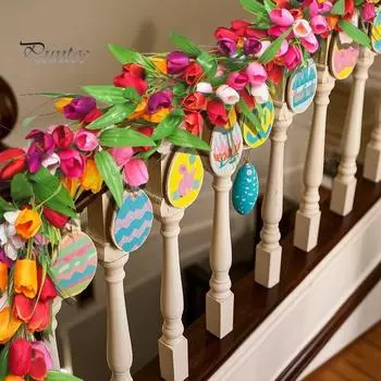 Искусственная гирлянда из тюльпанов, весенняя пасхальная подвесная лиана, цветочная гирлянда с искусственными цветами тюльпанов и зелеными листьями для каминной полки, свадебный декор D
