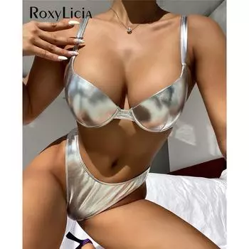 Искусственная кожа, бюстгальтер на косточках, чашка, бикини, женские купальники, женский купальник, комплект бикини из двух предметов, купальный костюм, купальный костюм S серебряный