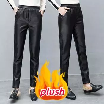 Искусственная кожа, плюшевые, утолщенные, с высокой талией, эластичные, корейского размера, брюки из искусственной кожи, женские модные брюки, женская одежда S чёрный