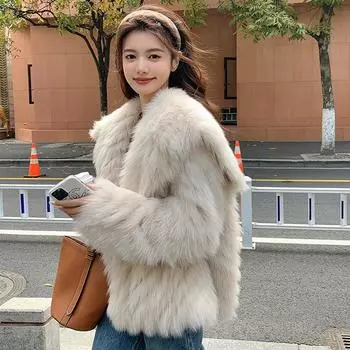 Искусственная лисья шуба зимнее плюшевое пальто женское утолщенное интернет знаменитость пушистый маленький ароматный темно-синий воротник молодой S 90-52.5 kg абрикосовый