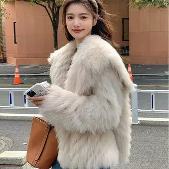 Искусственная лисья шуба зимняя плюшевая шуба женская утолщенная интернет знаменитость пушистая маленькая ароматная темно-синий воротник молодая S 90-52.5 kg абрикосовый