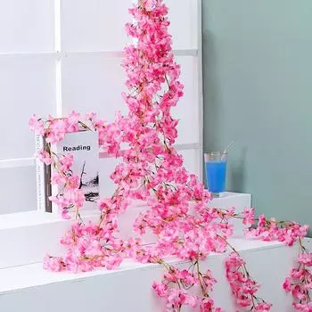 Искусственная лоза Вишня Цветок Сакура Цветение Гирлянда Украшение для дома для спальни офиса Розово-красный розы красного