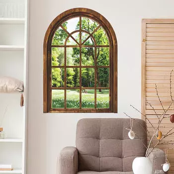 Искусственная наклейка на стену на окно с зелеными растениями и пейзажем, съемные обои из ПВХ для гостиной