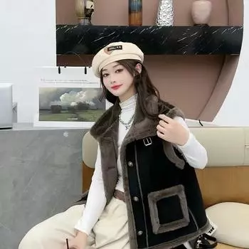 Искусственная овечья шерсть Жилет Женский Осенне-зимняя мода Теплый жилет Жилет Жилет Куртка XXXXL чёрный