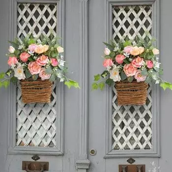 Искусственная подвесная цветочная корзина со шнурком, реалистичный вид, яркий цвет, имитация розы, пиона, подвесной кашпо розовый