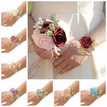 Искусственная роза на запястье корсаж жемчуг свадебный цветок браслет подружки невесты запястье цветы невесты синий