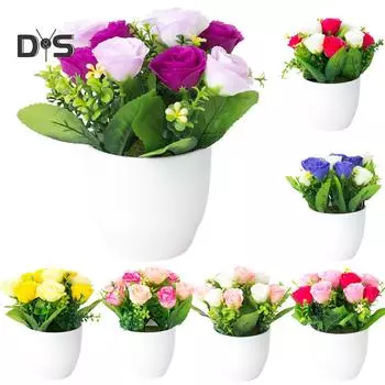 Искусственная роза Поддельный цветок Бонсай в горшке Домашнее кафе Сад Декоративный орнамент пурпурно красный