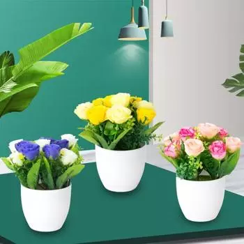 Искусственная роза Поддельный цветок Бонсай в горшке Домашнее кафе Сад Декоративный орнамент красный/фиолетовый