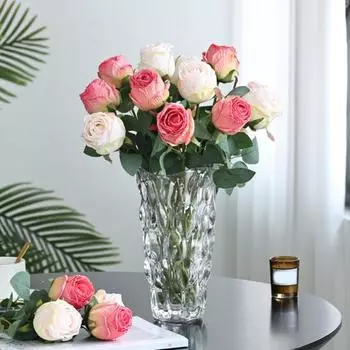 Искусственная роза, ветка со стеблем, обожженный край, зеленые листья, реалистичные, многоразовые, неувядающие, для дома, свадьбы, вечеринки, украшения из искусственных цветов, реквизит для фотосъемки темно-розовый