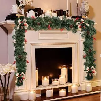 Искусственная рождественская гирлянда Yousheng, искусственная гирлянда из зелени с шишкой и ягодами для праздничного декора камина, окон, лестниц 1.8M