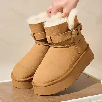 Искусственная шерсть зимние сапоги для женщин утолщенные плюшевые теплые хлопковые подбитые туфли женские модные пряжки толстые ботильоны на платформе 36 бежевый