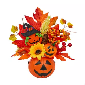 Искусственная тыква, украшение на Хэллоуин, центральный элемент стола, кленовые листья, цветы бакка на осень with Witch Hat