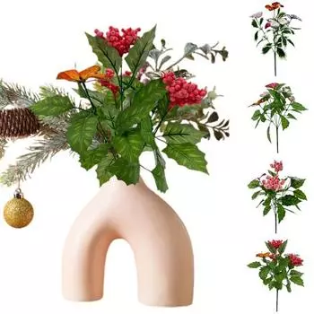 Искусственная ветка с ягодами, искусственная ветка с зелеными листьями и бабочками, реалистичная имитация зелени, ветка для домашнего декора стола, поделки своими руками A