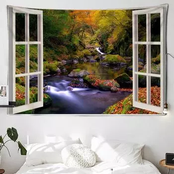 Искусственное Окно Река Пейзаж Картина Гобелен Вишневое Дерево Настенный Гобелен Стиль Бохо Пляжное Полотенце Спальня Комната Эстетика Домашний Декор 100X75CM