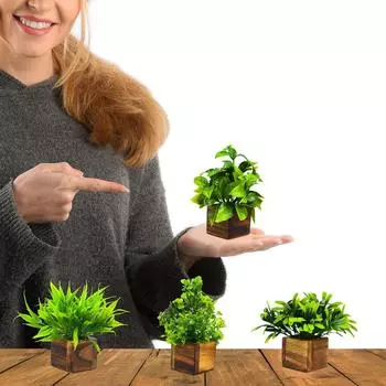 Искусственное растение в пластиковом горшке в деревянном горшке (4 шт.) Эвкалиптовые растения Маленькие растения для домашнего декора | Офисный декор