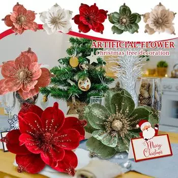 Искусственные блестящие цветы магнолии, рождественские украшения из пуансеттии для рождественской елки, венок, гирлянда, рождественское новогоднее украшение One Size