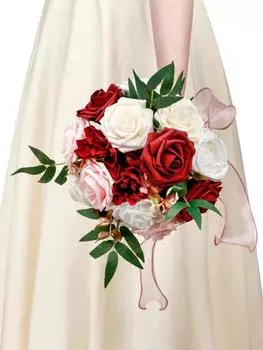 Искусственные цветы розы Свадебный букет для невесты Букет с лентой Искусственные цветы Шелковые розы Свадебный букет Букет невесты для украшения свадьбы синий