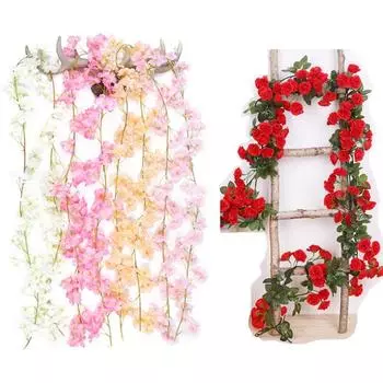 Искусственные цветы сакуры, роза, лоза, свадьба, открытый сад, домашний декор, искусственный цветок, гирлянда из ротанга 2.5meters,45flowers