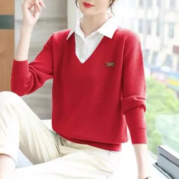 Искусственные две части с длинным рукавом трикотажные свитера модная рубашка с лацканами пуловер блузка женские осенне-зимние топы One Size(45-62kg) чёрный