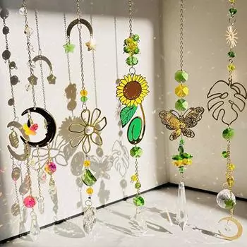 Искусственные хрустальные колокольчики, цветы, листья, ловцы солнца, подвесной кулон, бабочка, ловец света, ювелирные изделия, радужная призма, домашний декор разноцветный