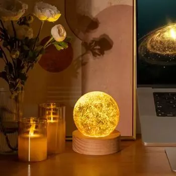 Искусственные хрустальные стеклянные шары, светодиодный чакра-шар с питанием от USB, с деревянной основой, ледяные треснувшие сферы, ночник для медитации, домашний декор стола фиолетовый